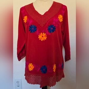 Cotton Red Tunic Top 3/4 Slevees M  Summer Ethnic Embroidery Lace Asimetric Boho